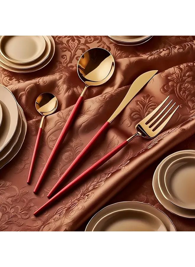 Golden Red Handle Cutlery 4 Piece Set Stainless Steel Knife Fork Spoon - Image 3